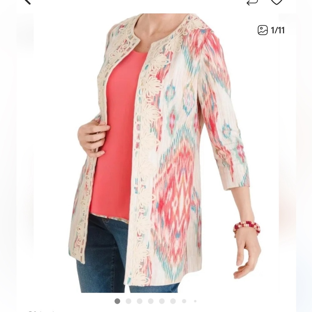 NWT Chico's linen topper soutache ikat print 3/4 sleeve jacket